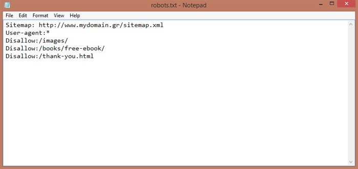 Παράδειγμα αρχείου robots.txt στο Σημειωματάριο (Notepad)